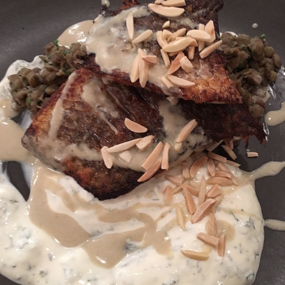 Georges on Waymouth - Loveliest pan friend Barramundi on a plate of yoghurt infused with almond chips and tender lentils! - Middle Eastern Near Me - Adelaide, SA Georges on Waymouth - Loveliest pan friend Barramundi on a plate of yoghurt infused with almond chips and tender lentils! - Middle Eastern Near Me - Adelaide, SA