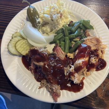 Oklahoma Joe's BBQ and Catering - Plate from the buffet. Pork, chicken, green beans, potato salad and garnish. - Barbeque Near Me - Tulsa, Oklahoma Oklahoma Joe's BBQ and Catering - Plate from the buffet. Pork, chicken, green beans, potato salad and garnish. - Barbeque Near Me - Tulsa, Oklahoma