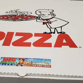 Big Bertha's Pizza - a pizza box with a man holding a pizza - Pizza Near Me - Anaheim, California