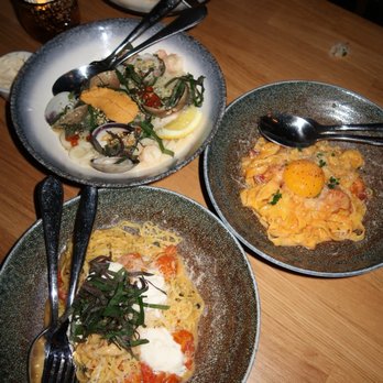 Momonoki - (Top to bottom): Uni vongole, miso bacon carbonara, and perilla pomodoro - Japanese Near Me - Fountain Valley, California Momonoki - (Top to bottom): Uni vongole, miso bacon carbonara, and perilla pomodoro - Japanese Near Me - Fountain Valley, California