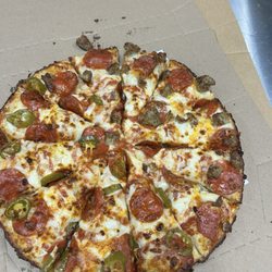 Domino's Pizza - Handmade Pan with Pepperoni Right: Jalapeno Left: Italian Sausage