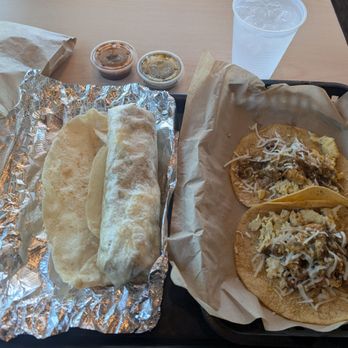 Mesquite Fresh Street Mex - Burrito and two breakfast tacos. - Mexican Near Me - Gilbert, Arizona