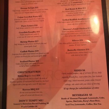 Morrow's - This side of the menu hosts the entrees, sides, and features - Cajun/Creole Near Me - New Orleans, Louisiana