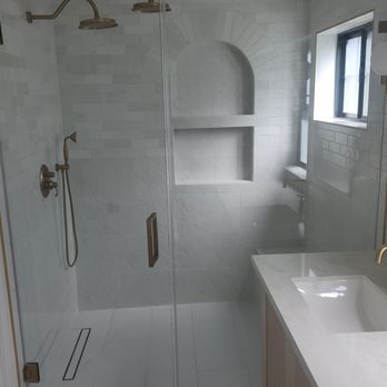 Cali View Builders - walk in shower, mediterranean design . linear drain, double shower head. - General Contractors Near Me Cali View Builders - walk in shower, mediterranean design . linear drain, double shower head. - General Contractors Near Me