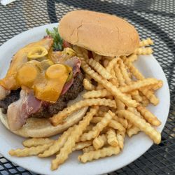 The Cove Restaurant And Bar - Cove burger - bacon, jalapenos, cheddar cheese (I asked for the fried onion straws on the side - not pictured)