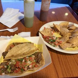 Carne Asada tacos and chips and Salsa Carne Asada tacos and chips and Salsa