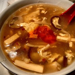 Hot & Sour Soup, free with lunch dishes. A little doctoring at home with hot sesame oil and some black vinegar. Hot & Sour Soup, free with lunch dishes. A little doctoring at home with hot sesame oil and some black vinegar.