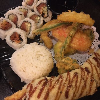 Hooked On Sushi - Three item combo with vegetable tempura, spicy tuna roll, and crunchy roll - Japanese Near Me - Encinitas, California