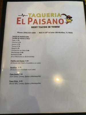 Menu photo 1 Taqueria El Paisano McAllen, TX