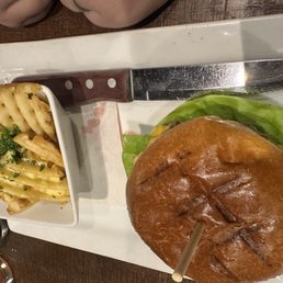 Hays burger with cheesy waffle fries