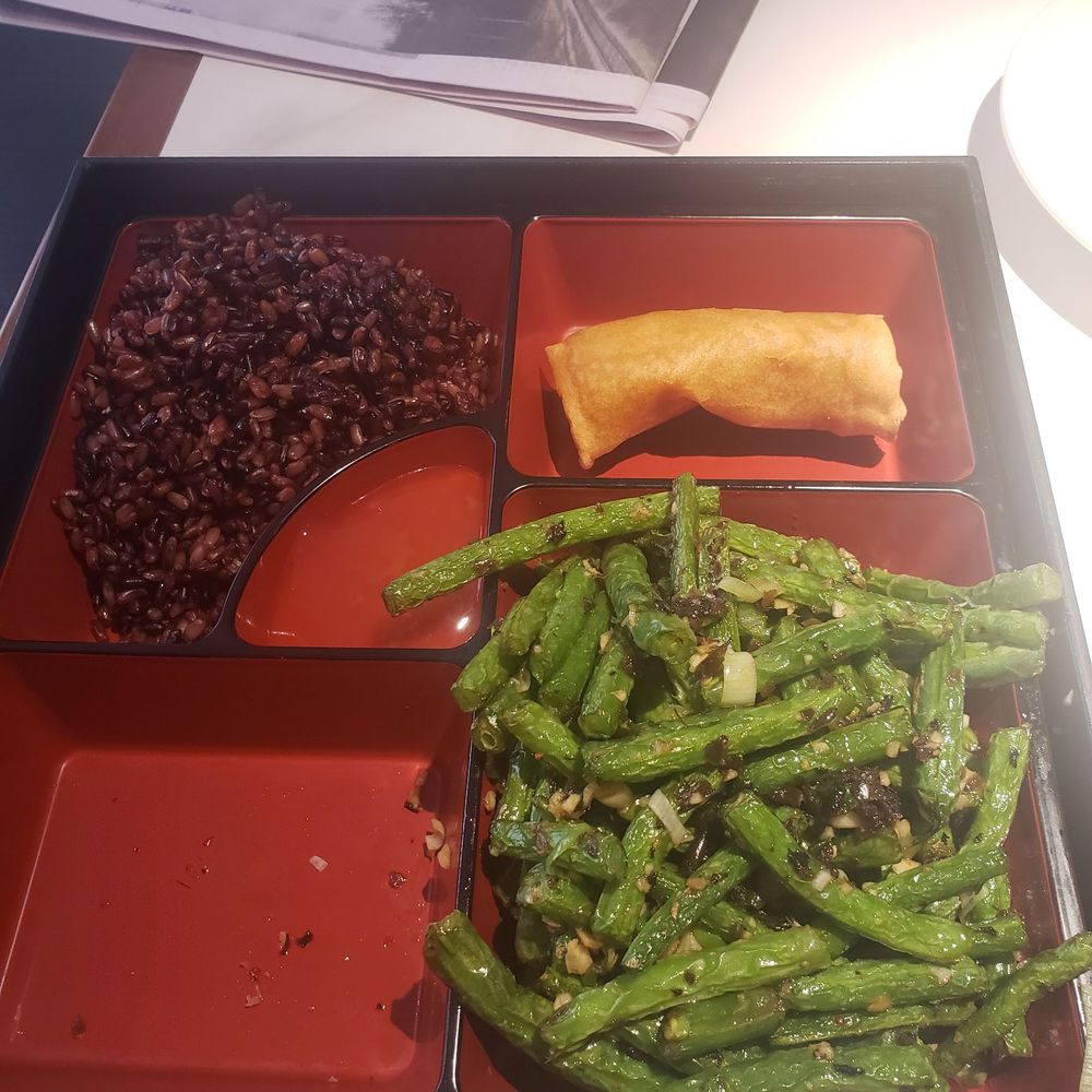 For U - The main with brown rice and spring roll. The cucumber salad came later. - Dim Sum Near Me - New York, New York