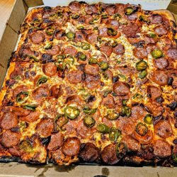 Santillo's Brick Oven Pizza - Give it to me!! Extra large Sicilian with pepperoni, and jalapenos; cooked well.