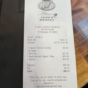 Alihan's Coffee and Breakfast - Receipt - Breakfast & Brunch Near Me - Pittsburgh, Pennsylvania Alihan's Coffee and Breakfast - Receipt - Breakfast & Brunch Near Me - Pittsburgh, Pennsylvania