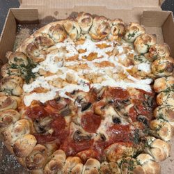 Munchy’s Pizza & Wings - Garlic rolls crust with half Chicken Buffalo Ranch Pizza and half mushroom pepperoni pizza