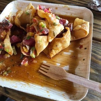 Spearfish Grille - Sushi nachos with bamboo plate + fork - Seafood Near Me - Sarasota, Florida Spearfish Grille - Sushi nachos with bamboo plate + fork - Seafood Near Me - Sarasota, Florida