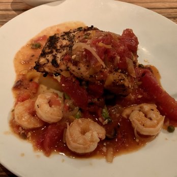 Blue Water Grille - Salmon with grilled shrimp puttanesca, goat cheese polenta, asparagus & basil oil - Seafood Near Me - High Point, North Carolina