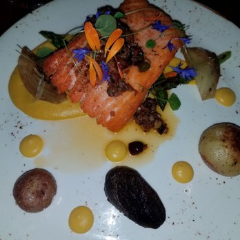 The Sur House - Main: Ora King Salmon w/fennel & lemon puree, potatoes, tapenade & asparagus ~ daBOMB!! - New American Near Me - Big Sur, California The Sur House - Main: Ora King Salmon w/fennel & lemon puree, potatoes, tapenade & asparagus ~ daBOMB!! - New American Near Me - Big Sur, California