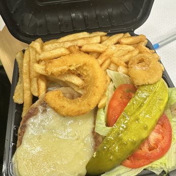 Italiano's Restaurant - Chipotle Turkey Burger (side of fries, onion rings and Cole slaw tucked under fries) - Italian Near Me - Baltimore, Maryland