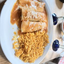 Three enchilada red sauce - cheese, shredded beef, chicken