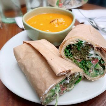 Savor - House Falafel Wrap with cauliflower tomato soup. - Mediterranean Near Me - San Francisco, California Savor - House Falafel Wrap with cauliflower tomato soup. - Mediterranean Near Me - San Francisco, California