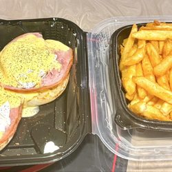 Mr Ray's Cafe - Eggs Benny served ala'cart $10, side fries $3, very tasty but hard to eat w/ plastic utensils and to-go box.