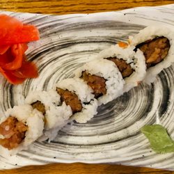 The Grumpy Monk - Happy Hour Spicy Tuna Roll: Shaved Big Eye Tuna, Scallions, Hot Kimchee Garlic Sauce