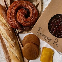 sourdough baguette, pumpkin roll, cinnamon danish, ginger molasses cookies, lemon square and vegan blueberry pie!