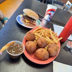 Ryan's Drive-In - Bacon cheeseburger corn fritters and fries with gravy