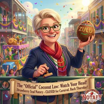 Strawberry Seal Notary - LA's 'Coconut Law' protects krewes, but knowing the law protects YOU from legal surprises! Don't get caught unaware by the fine print. - Notaries Near Me - Ponchatoula, Louisiana Strawberry Seal Notary - LA's 'Coconut Law' protects krewes, but knowing the law protects YOU from legal surprises! Don't get caught unaware by the fine print. - Notaries Near Me - Ponchatoula, Louisiana
