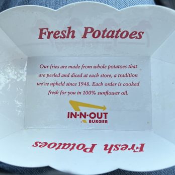 In-N-Out Burger - The inside of the tray which describes how their French fries are made. - Fast Food Near Me - Victorville, California In-N-Out Burger - The inside of the tray which describes how their French fries are made. - Fast Food Near Me - Victorville, California