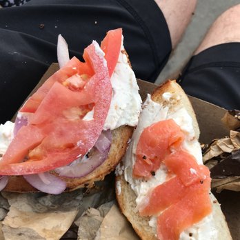 Brobagel - $9.99 and 15 minute wait for this travesty: paltry amount of lox on the right, bland tomatoes on the left, sandwiched between a stale bagel - Bagels Near Me - Chicago, Illinois