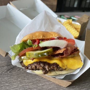 Shake Shack Assembly Row - Smoke shack burger with all toppings - Burgers Near Me - Somerville, Massachusetts