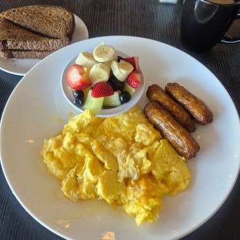 Orange Cafe Bistro - Scrambled Eggs with cheese, sausage and fresh fruit - Breakfast & Brunch Near Me - Orange, California