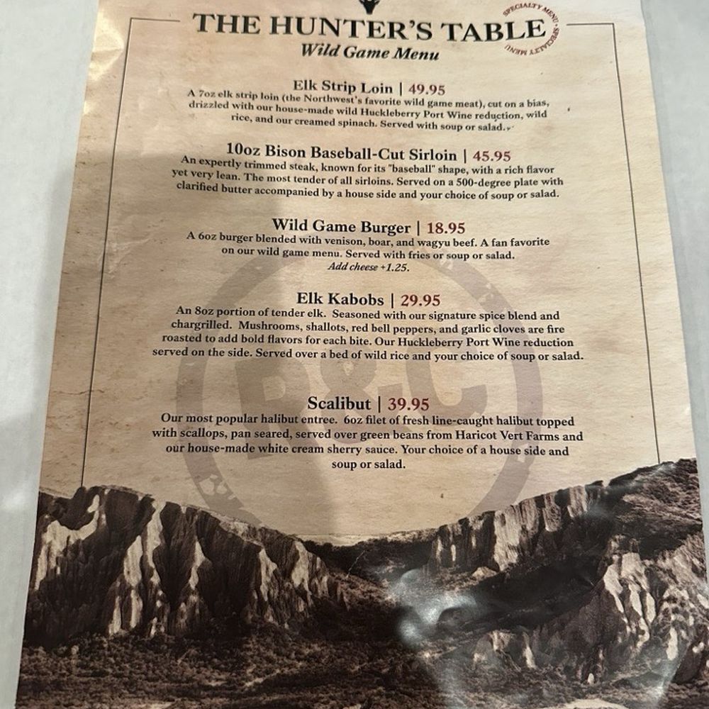 Rib & Chop House - We weren't brave enough to try anything from the wild game menu, but it was very extensive. - Seafood Near Me - Cheyenne, Wyoming