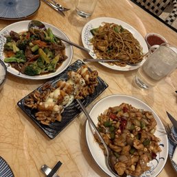 Amber Walnut Shrimp, Kung Pao Chicken, Beef and Broccoli, and shrimp chow mein