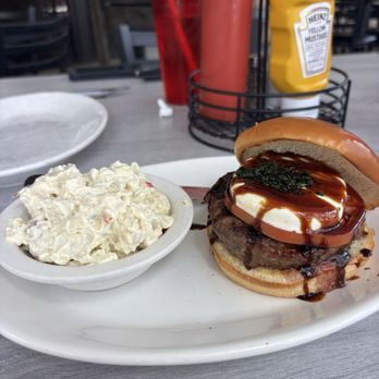 Lindburgers - #6 Caprese with Grandma's potato salad on the side - Burgers Near Me - Jupiter, Florida Lindburgers - #6 Caprese with Grandma's potato salad on the side - Burgers Near Me - Jupiter, Florida