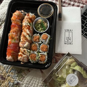 Umai Nori - Maki Set (2 specialty rolls + 1 traditional roll): Rainbow Roll, Sunny sunshine Roll, Spicy Salmon Roll, House Salad - Sushi Bars Near Me - Washington, DC, District of Columbia Umai Nori - Maki Set (2 specialty rolls + 1 traditional roll): Rainbow Roll, Sunny sunshine Roll, Spicy Salmon Roll, House Salad - Sushi Bars Near Me - Washington, DC, District of Columbia