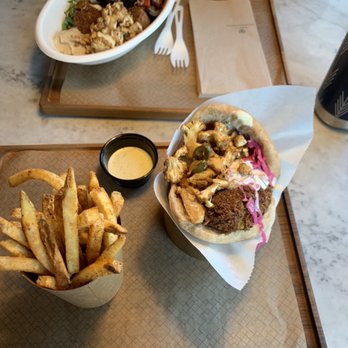Brassica - Falafel sandwich + fries, friend's falafel bowl - Mediterranean Near Me - Upper Arlington, Ohio