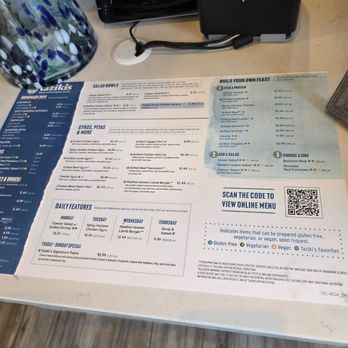 Taziki's Mediterranean Café - The menu on the ordering counter. - Mediterranean Near Me - Roanoke, Virginia Taziki's Mediterranean Café - The menu on the ordering counter. - Mediterranean Near Me - Roanoke, Virginia
