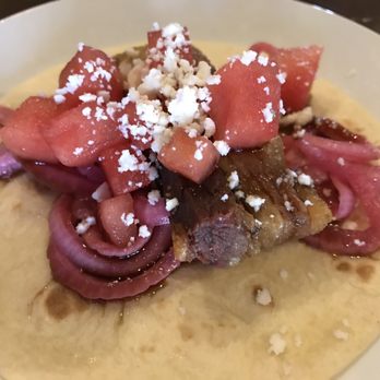 Flying Iguana - Rum and coke glazed pork belly, watermelon, pickled onions (of some sort), feta cheese - SO delicious - Latin American Near Me - Neptune Beach, Florida Flying Iguana - Rum and coke glazed pork belly, watermelon, pickled onions (of some sort), feta cheese - SO delicious - Latin American Near Me - Neptune Beach, Florida