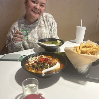 Noodlepig - Daughter Daddy dinner.  Shoyu Ramen Pho Ramen Fries Joto One Cup Sake - Ramen Near Me - Grand Rapids, Michigan
