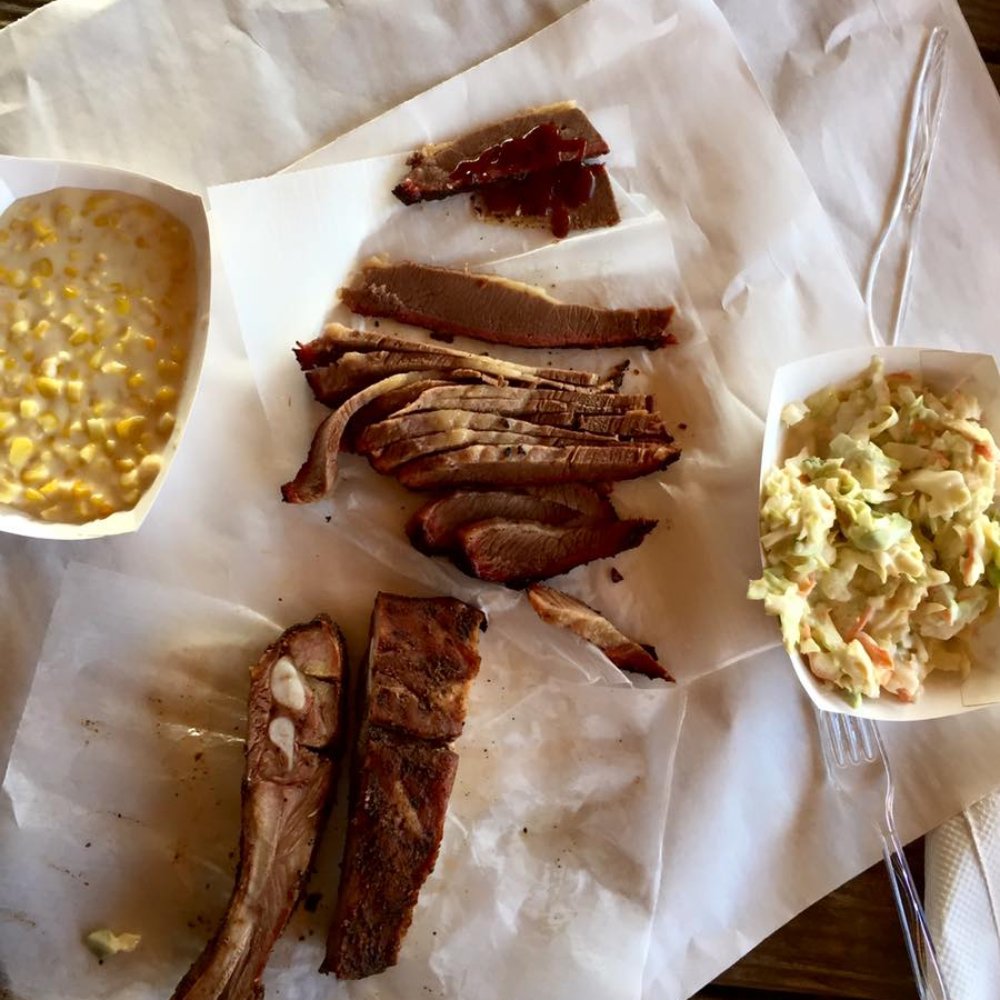 Rudy's - 1/2 lb of brisket, 1/2 lb of ribs, creamed corn, and coleslaw. - Barbeque Near Me - Schertz, Texas Rudy's - 1/2 lb of brisket, 1/2 lb of ribs, creamed corn, and coleslaw. - Barbeque Near Me - Schertz, Texas