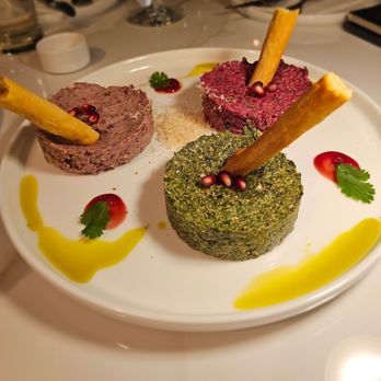 Meama - Pkhali Trio- Spinach, beens and red beets seasoned with walnut paste, garnished with cilantro oil and pomegranate reduction. $23. Tasty - Wine Bars Near Me - New York, New York