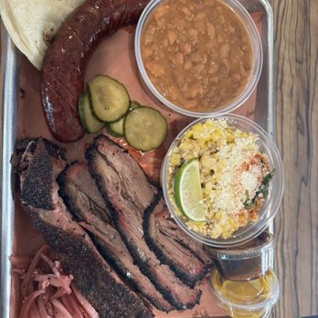 Pica Rica BBQ - A little bit of everything, brisket, sparerib, sausage, charro beans, esquite - Barbeque Near Me - St. George, Utah