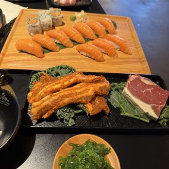 Fusion Pot & Grill - Salmon sushi, thinly sliced beef belly, spicy salmon roll, ny steak & spicy pork belly. - Sushi Bars Near Me - Houston, Texas Fusion Pot & Grill - Salmon sushi, thinly sliced beef belly, spicy salmon roll, ny steak & spicy pork belly. - Sushi Bars Near Me - Houston, Texas