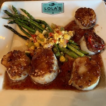 Lola's Lakehouse - Friday night special. Seared scallops with char-broiled asparagus and corn succotash. - American Near Me - Waconia, Minnesota Lola's Lakehouse - Friday night special. Seared scallops with char-broiled asparagus and corn succotash. - American Near Me - Waconia, Minnesota