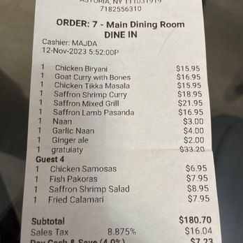Saffron Indian Cuisine - Gratuiaty hidden in the middle of the check - Indian Near Me - Astoria, New York Saffron Indian Cuisine - Gratuiaty hidden in the middle of the check - Indian Near Me - Astoria, New York