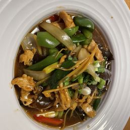 Ginger stir fry... ginger, onion, peppers, and wood ear mushrooms.