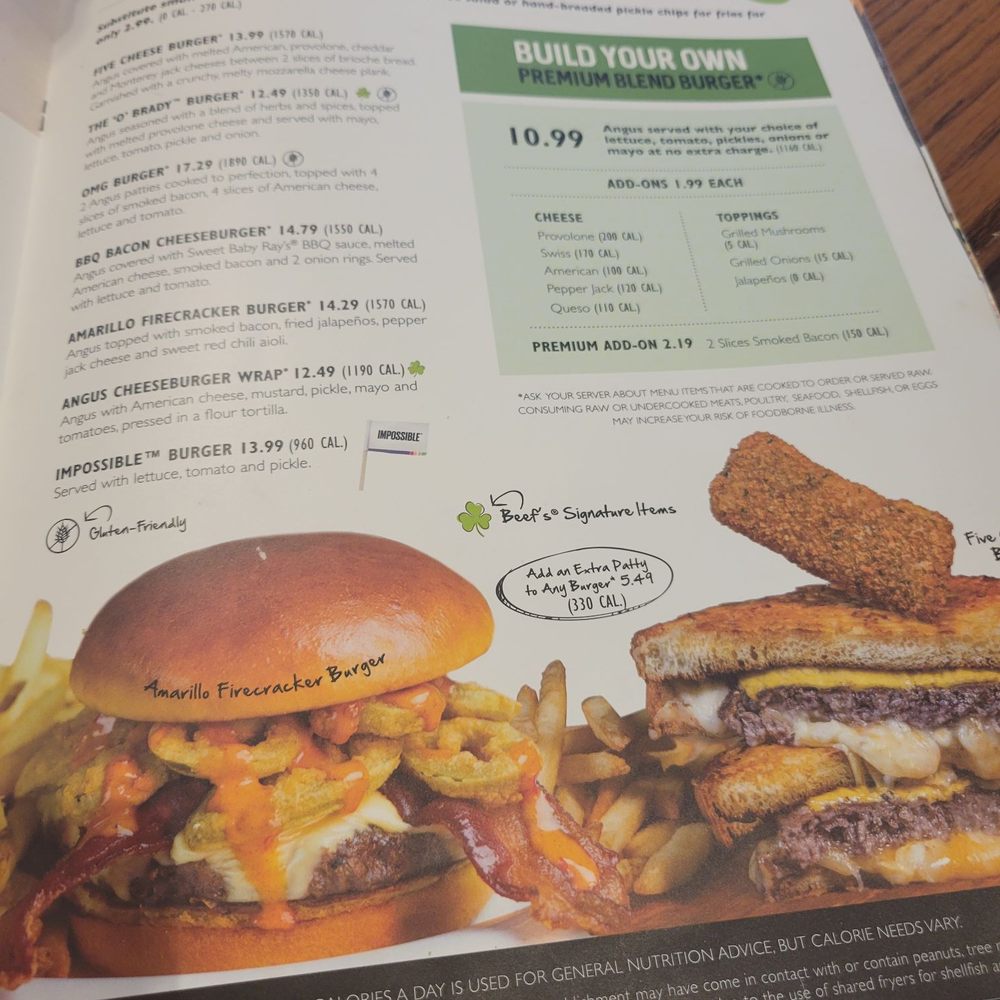 Beef 'O' Brady's - I don't believe they have the pizza option anymore. But you can build your own burger. The sampler platter is so delicious. - Sports Bars Near Me - Starke, Florida Beef 'O' Brady's - I don't believe they have the pizza option anymore. But you can build your own burger. The sampler platter is so delicious. - Sports Bars Near Me - Starke, Florida