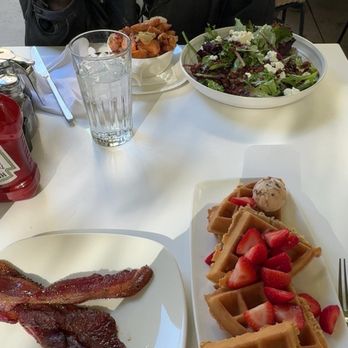 Cafeteria 15L - I got waffles with pecan butter and candy bacon and my friend got breakfast potatoes and a mixed  greens salad - Breakfast & Brunch Near Me - Sacramento, California